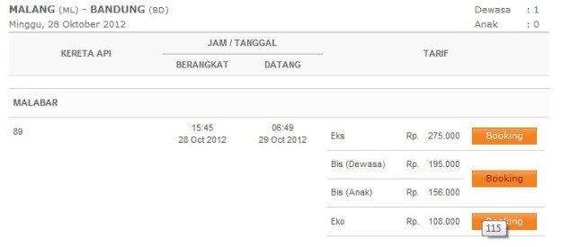 Daftar perjalanan dan tarif kereta