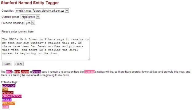 Contoh input & output pada Stanford NER