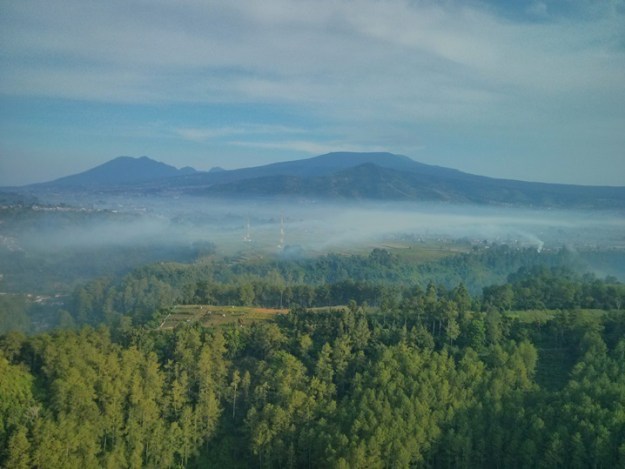 View Pegunungan dan hutan yang diselimuti kabut