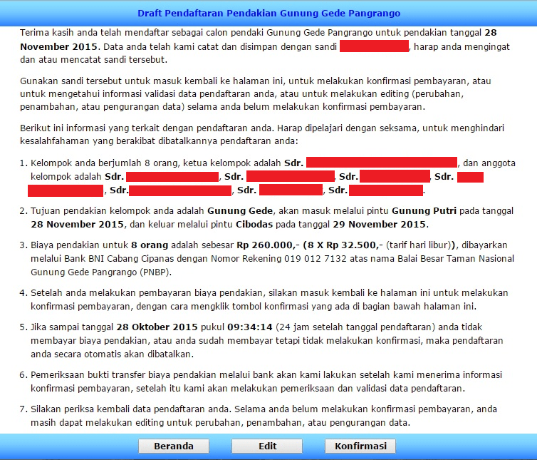 Halaman setelah submit form pendaftaran online